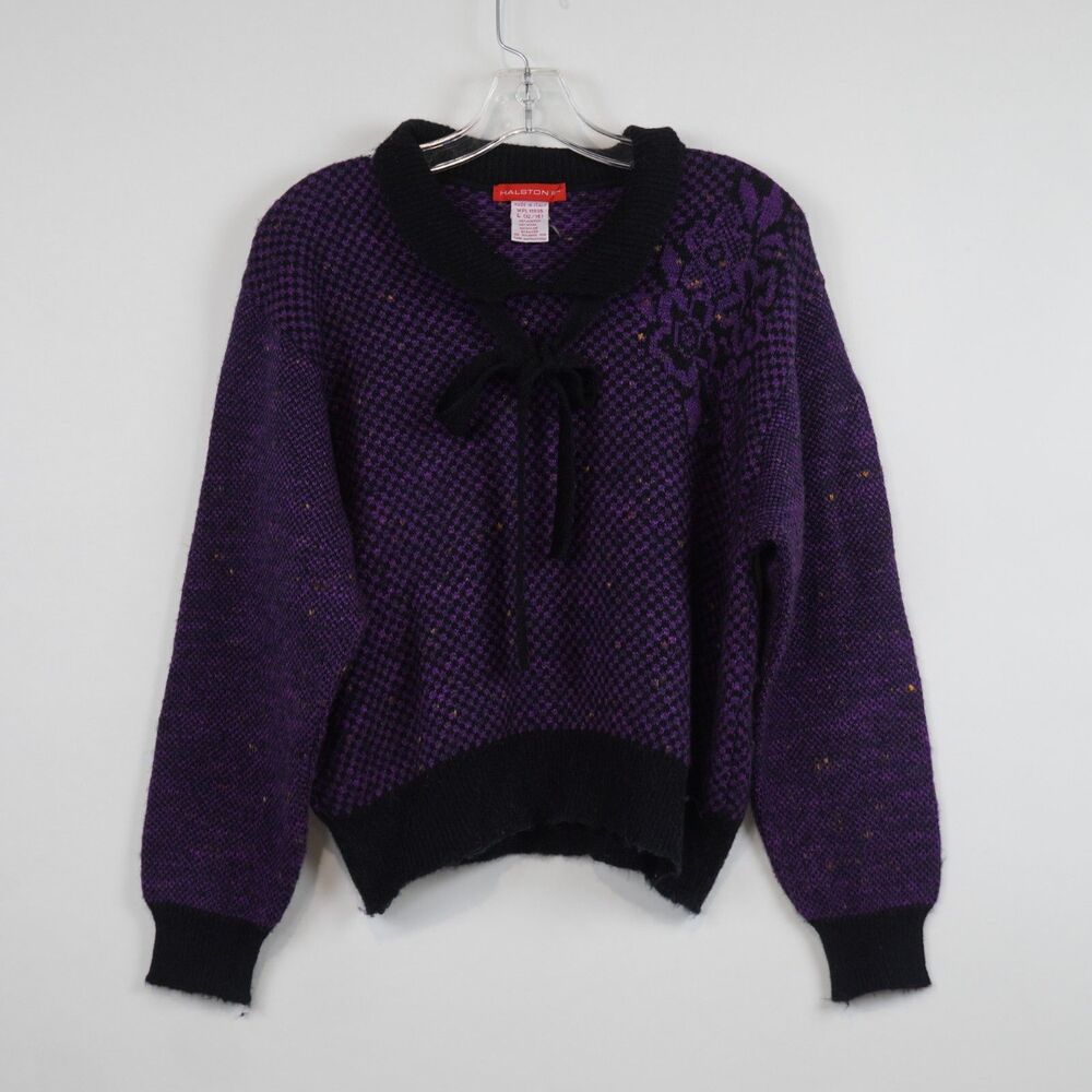 VTG Halston III Purple Wool Blend Knit Sweater Large Bow Collar Cropped 80s Y2K